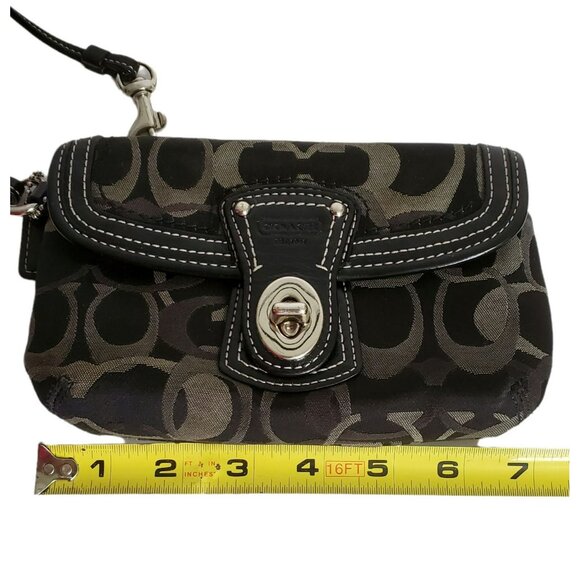 Coach Signature Wristlet Clutch Purse Flap Black Brown Wallet Strap Turn Lock - Picture 11 of 13